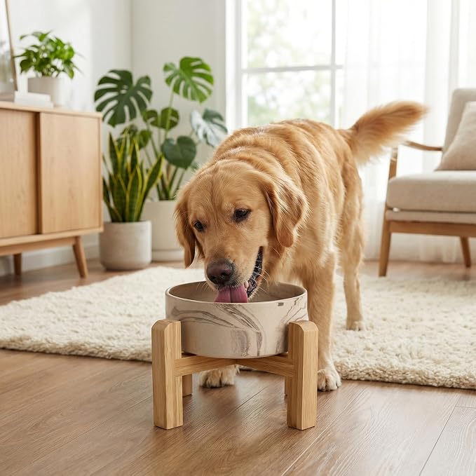 hjn Elevated Ceramic Dog Bowl with Bamboo Stand, Raised Pet Feeding Station for Small Medium Dogs Cats, Modern Design with Anti-Slip Base (Marble Brown, 7.6Cup)