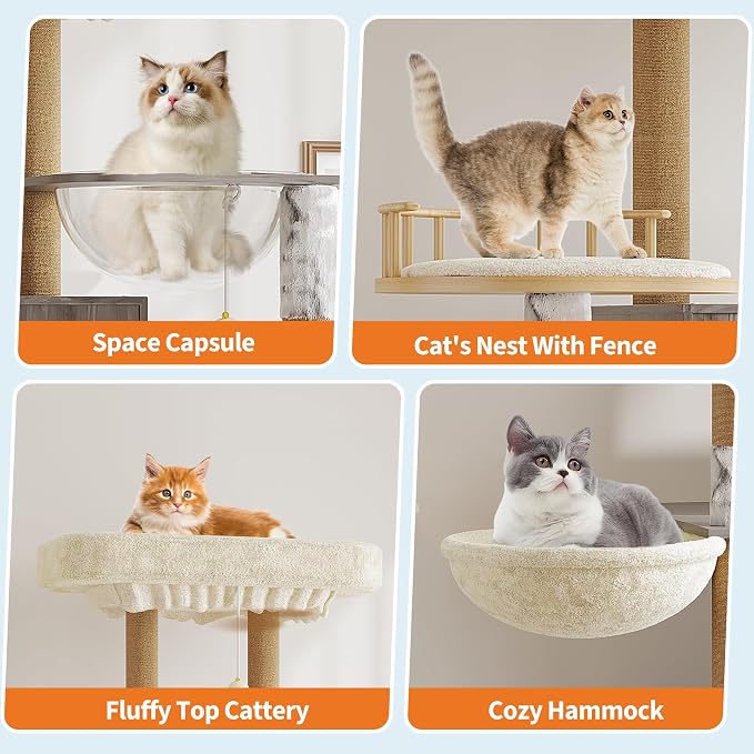 TrailBlaze Modern Multi-Level Cat Tree with Hidden Litter Box Enclosure - Large Soft Perch - Sisal Scratching Posts - Cat Condo & Hammock for Indoor Cats - Gray