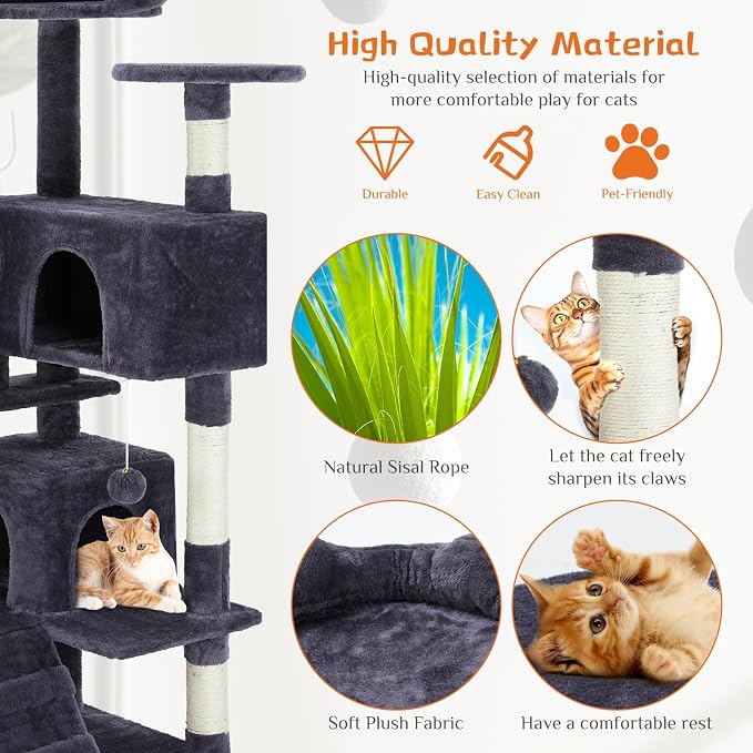 54 Inch Cat Tree Tower with Sisal Scratching Posts | Multi-Level Cat Tower with Climbing Ladder, Play Toy Balls House for Indoor Cats, Grey
