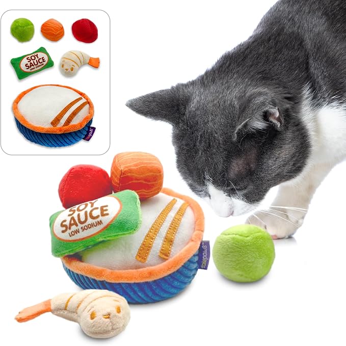Pounce & Purr Sushi Cat Toys with Catnip & Silvervine 6-Piece Plush Set for Indoor Cats & Kittens, Kitten Chew Toy, Kicker & Boredom Relief - Poké Bowl Playset
