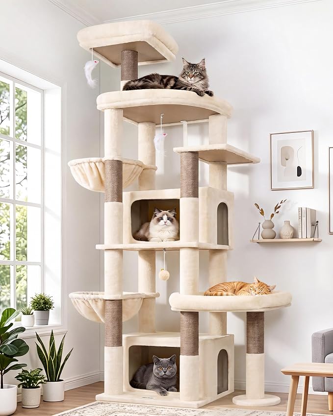 Globlazer 75in Sturdy Cat Tree Tower for Indoor Large Cats, S75, Beige | Multi-Level Heavy Duty Cat Tower with Scratching Post, Oversized Condos & Perches for Big Cats, Large Baskets, Enlarged Base