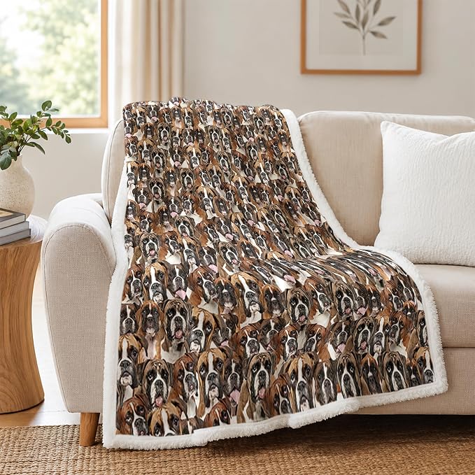 BlessLiving Boxer Brown Throw Blanket with Dense Dog Patterns Sherpa Fleece Blanket Couch Bed, Soft Cozy Warm Pet Blankets for Puppy Lovers Cute Animal Print Gift 60x80 Inches
