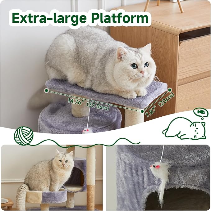 Cat Tree with Condo, Perch, and Scratching Posts, Gray and Beige, Multi-Level Tower with Hanging Toy