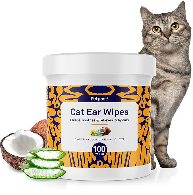 Petpost | Cat Ear Cleaner Wipes - Ultra Soft Cotton Pads in Coconut Oil Solution - Treatment for Removing Cat Ear Dirt & Wax 100 ct.