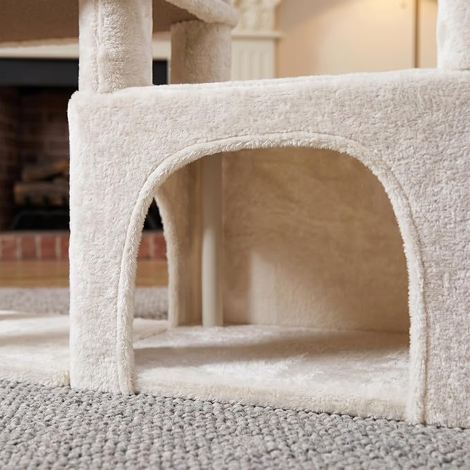 YUNIQUE Multi-Functional Cat Tree Tower, Big Cat Condo with Scratching Board, Rotating Toy & Deep Hammock, Luxury Perch Kitty Furniture for Indoor Cats (White)
