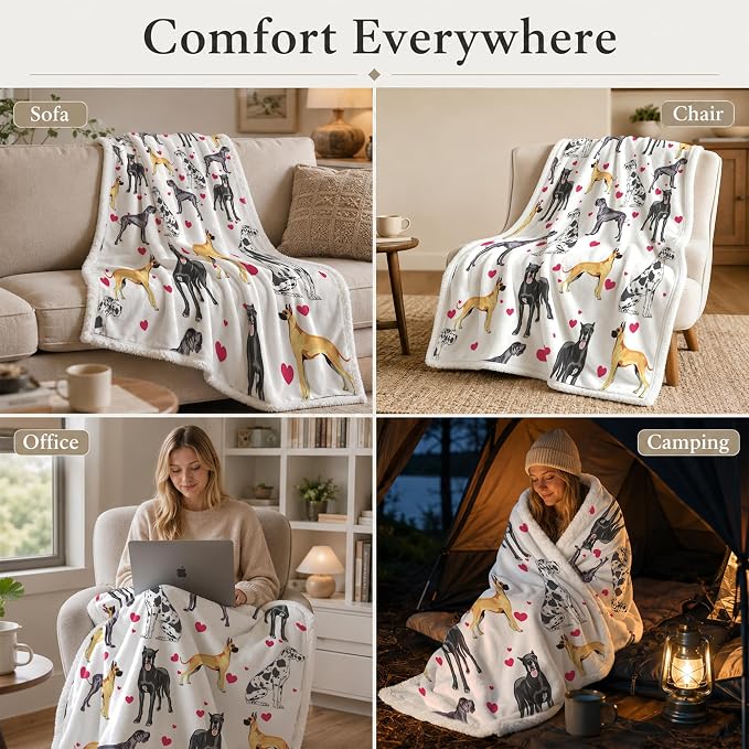 BlessLiving Great Dane White Throw Blanket with Dense Black Dog Patterns Sherpa Fleece Blanket Couch Bed, Soft Cozy Warm Pet Blankets for Puppy Lovers Cute Animal Print Gift 60x80 Inches