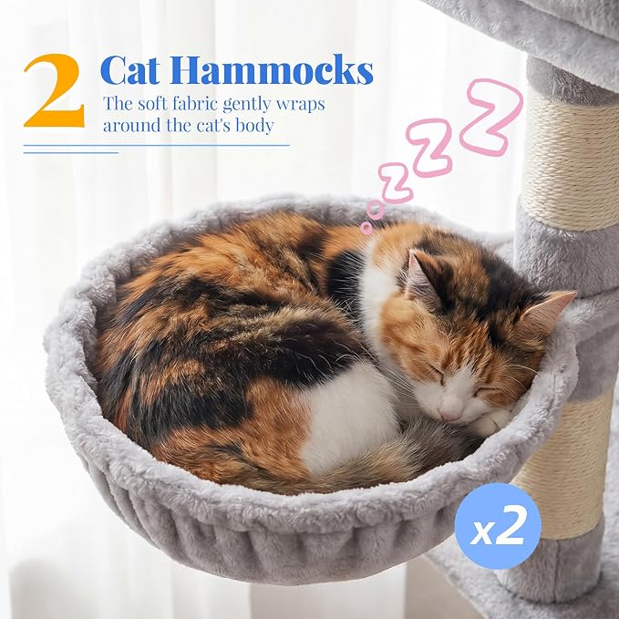 Hey-brother Cat Tree, Multi-Level Tower with 3 Condos, Hairbrush, MPJ035-MW | 74 Inches XL Large Scratching Posts for Indoor Cats and Kittens, 2 Wide Platforms, 2 Plush Baskets, Toy Balls, Light Gray