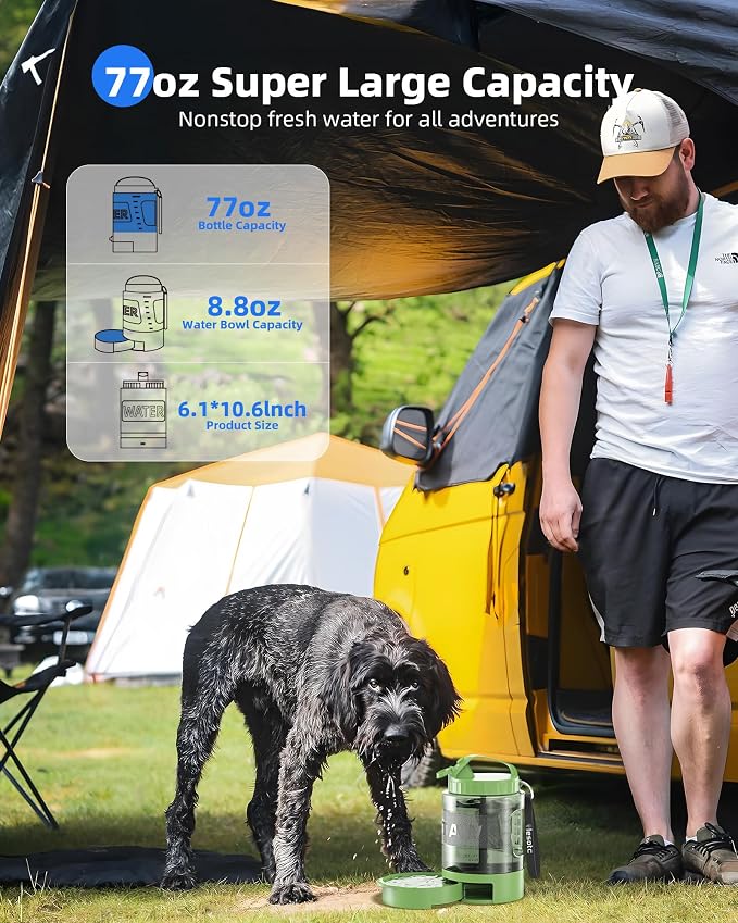 lesotc Portable Dog Water Bowl Dispenser - 77oz Travel Water Bottle with Pop-Out Drinking Bowl, No-Spill Design for Camping, Hiking & Car Rides - Keep Your Dog Hydrated Anywhere, Green