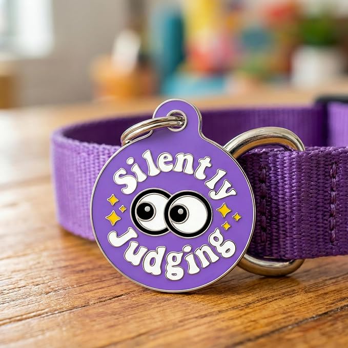 Bad Tags Personalized Dog and Cat ID Tags in 25+ Designs and 2 Sizes - 5 Lines of Custom Engraved Text - Funny Cute Personalized Pet Tags (Silently Judging - Purple, Small (1 inch))