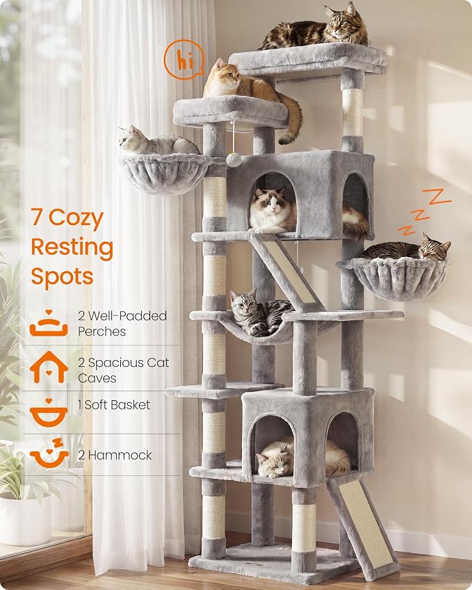 Feandrea Large Cat Tree, 81.1" Tall Sturdy Cat Tower for Indoor, Dove Gray | Sturdy Tall Climbing Tower, Multi-Level Condo for Indoor Cats, Dove Gray, CLAWFY Collection UPCT021G101