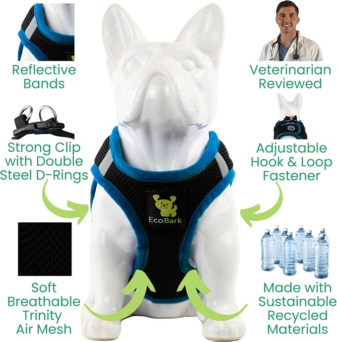 EcoBark Step in Dog Harness - Eco-Friendly Dog Harnesses for Small and Medium Breed Dogs - Reflective and Adjustable Body Halter Vest - Soft Mesh Toy Breed Harness (Black and Teal, Large)