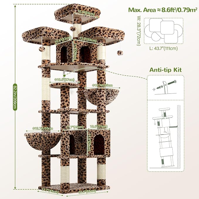 Globlazer Cat Tree Tower for Multiple Adult Cats, 82in, F82, Leopard Print | XXL Tall Cat Tree Tower for Indoor Cats with Scratching Post, 3 Perches, 2 Condos, 2 Hanging Baskets