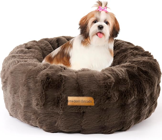Modern Threads Calming Donut Dog Bed for Small Dogs, Plush Round Faux Fur Pet Bed with Raised Bolster, Soft Washable Dog Bed, 24x24x9, Chocolate Brown