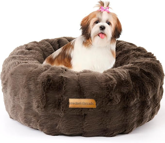 Modern Threads Calming Donut Dog Bed for Small Dogs, Plush Round Faux Fur Pet Bed with Raised Bolster, Soft Washable Dog Bed, 24x24x9, Chocolate Brown