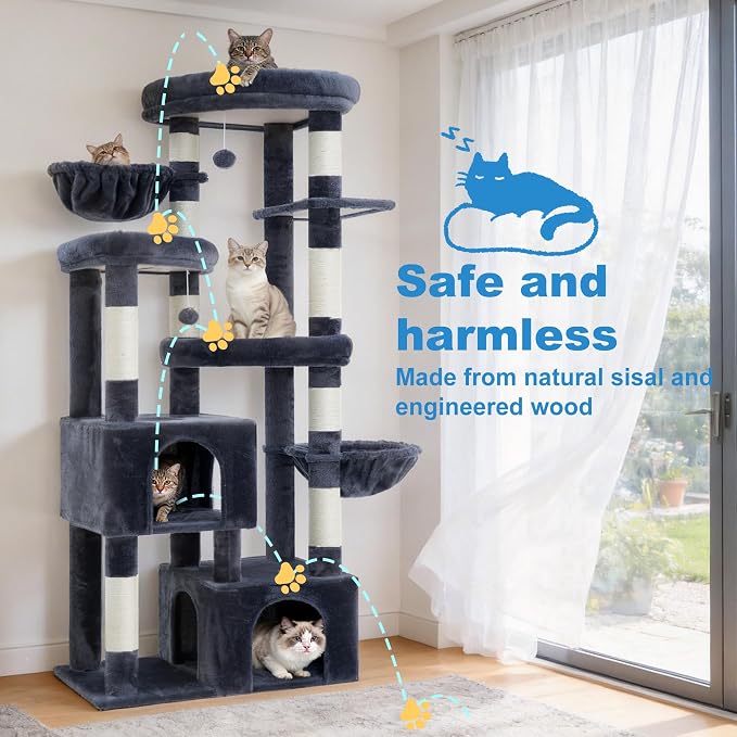 Hey-brother Cat Tree Tower with Tiered Padded Platforms, Condos, MPJ084G | 67.3 Inches Multi-Level Cat House with 9 Sisal Scratching Posts, 2 Plush Hammocks, Toy Ball for Indoor Multi-Cats, Smoky Gray