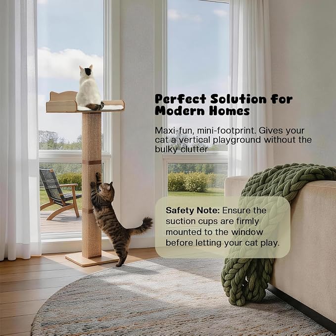 Cat Window Perch with Thick Sisal Scratching Post, Cat Hammock for Window, 53.5" Adjustable Tall Cats Scratching Post with 2 Upgrade Suction Cups, Cats Window Bed with Fluffy Cushion, Jute