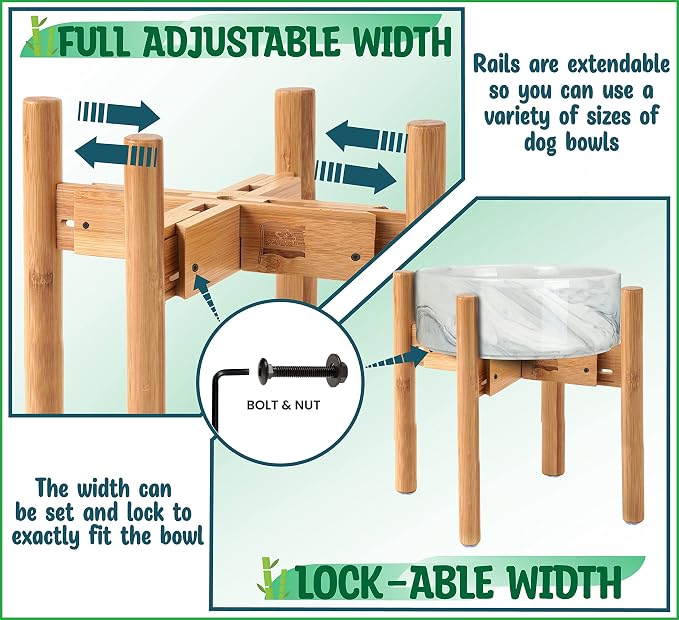 Dog Bowl Stand for Large Dogs - Adjustable, Easy Fold-Down | Use to Elevate Raise Dog Food, Water and Slow Feeder Bowls, Lock-Bolts and Tool Added, Foot-Padded, Bamboo Stand Only