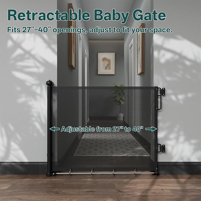 Cumbor 27-40" Retractable Baby Gates for Stairs & Doorways, Hardware Mounted Mesh Dog & Pet Gate, Easy Walk Through, One-Hand Operation, Anti-Crawl Adjustable Safety Gate for Dog, Indoor Outdoor Black