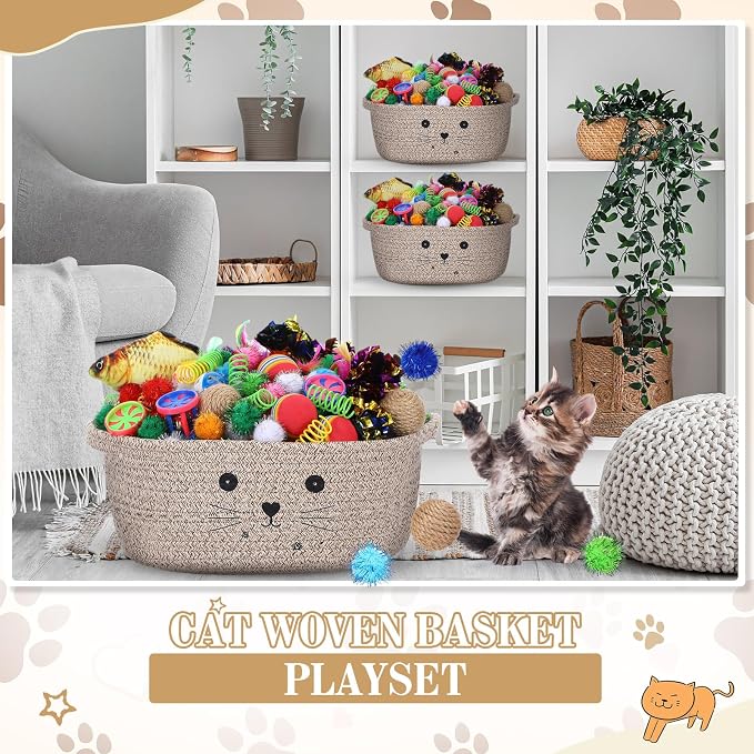 Zopeal 58 Pcs Summer Cat Storage Basket Gift Toys Set, Colorful Flashing Balls Pet Bell Crinkle Balls Spring Toys Attract Cat to Swat, Hunt, Interactive for Pet(Dark Brown,12 Inch)