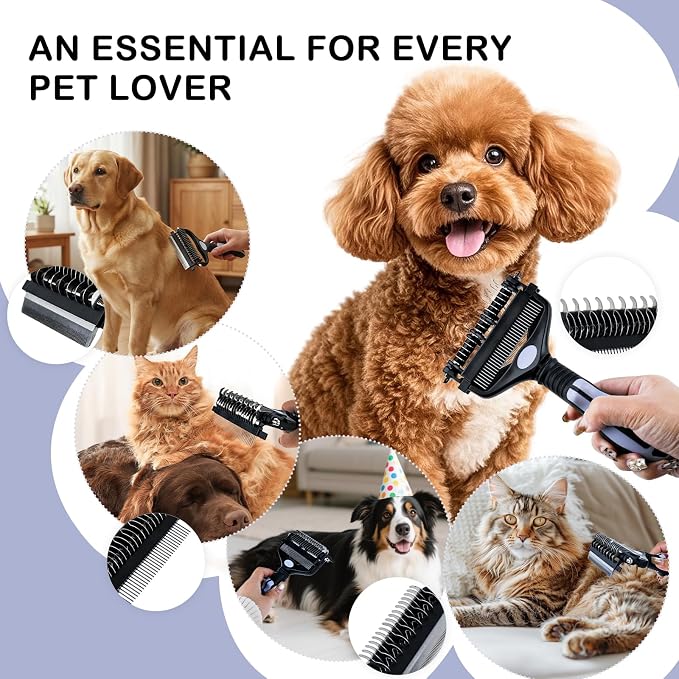 3-IN-1 Pet Deshedding and Grooming Brush Tool | Grooming Brush for Dogs and Cats with Undercoat Rake & Dematting Comb for Matted Fur Removal Long and Short Haired Dogs Cats
