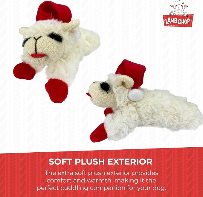 Multipet Lamb Chop Dog Plush Toy w/ Santa Hat - Squeaky Toy for All Dogs - Extra Soft Plush - Stuffed Animal for Cuddling & Playing (6”, Cream)