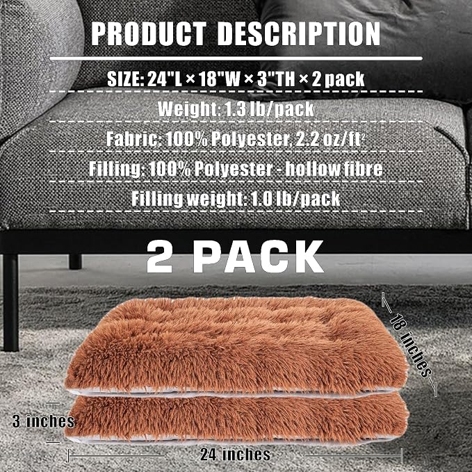 Machine Washable Dog Bed, Deluxe Plush Dog Crate Pad and Cat Bed, Anti-Slip Bottom Kennel Pad Mat, Fuzzy Pet Beds for Large, Medium, Small Dogs Breeds (Brown, 24.0" L x 18.0" W x 3.0" Th x 2 Pack)