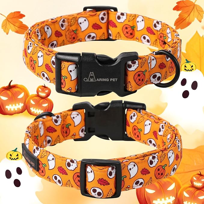 ARING PET Halloween Dog Collar, Cute Orange Ghost Pumpkin Leaves Cotton Lightweight Pet Collars with Quick Release Buckle for Puppy Small Medium Large Boy Girl Dogs-XS