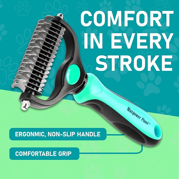 Maxpower Planet Hair Brush - Double Sided Shedding, Dematting Undercoat Rake for Dogs and Cats - Extra Wide Dog Grooming Brush, Reduce Shedding by 95%, Turquoise (Pack of 2)