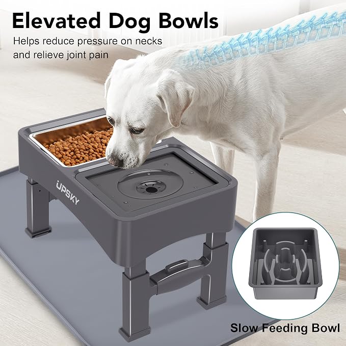 UPSKY 3-in-1 Elevated Dog Bowls Set with 4 Height Adjustable Stand and Mat | 304 Stainless Steel Bowl, No Spill Water Bowl, Slow Food Bowl, Anti-Slip, Dishwasher Safe, Suitable for Small Medium Dogs