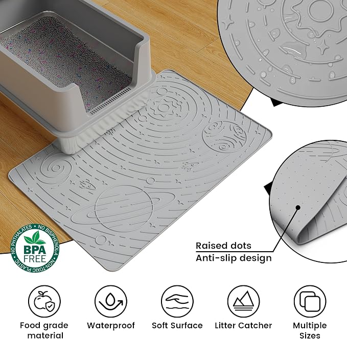OHMO Cat Litter Mat Medium 23.6x15.7in, Light Grey Silicone Rubber Scatter Control Kitty Litter Box Trapping Mat, Waterproof Easy to Clean, Odorless Pet Supplies, Indoor Cat Essentials