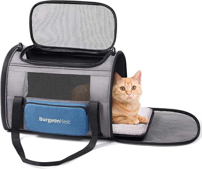 BurgeonNest Pet Carrier for Large Cats, Soft-Sided Cat Carrier for Big Cats and Small Dogs Up to 20 lbs, Top Loading Collapsible Escape-Proof Travel Cat Bag with 4 Mesh Windows & Side Storage, Blue