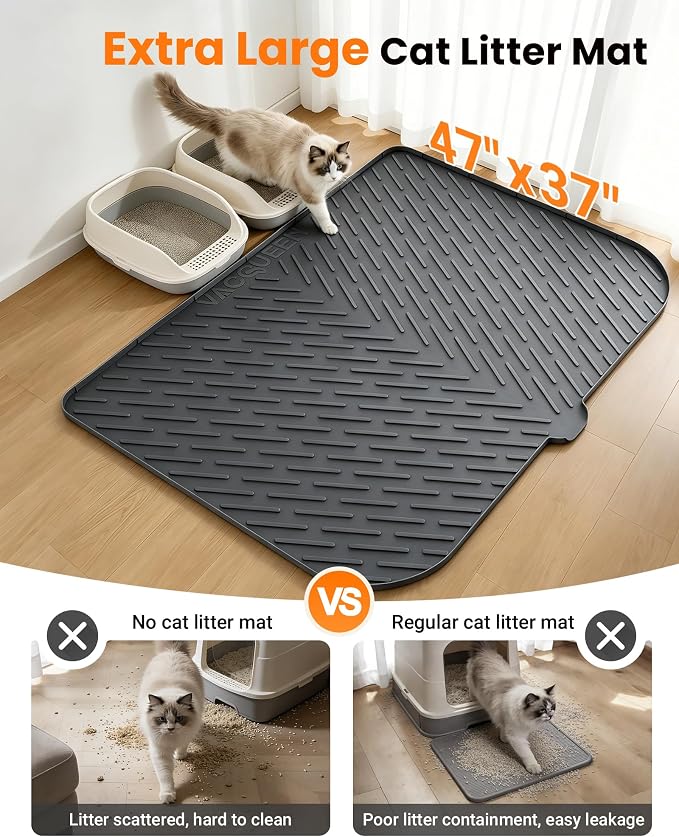 Cat Litter Mat, 47" x 37" Extra Large Cat Litter Box Mat, Silicone Waterproof Litter Trapping Mat for Scatter Control Soft on Kitty Paws Non-Slip Easy to Clean (Dark Grey) | Waterproof Litter Trapping Mat for Scatter Control, Soft on Cat Paws Non-Slip ...