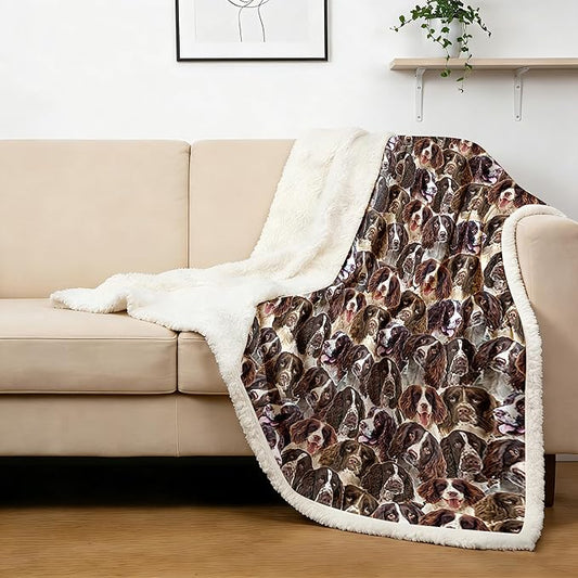 BlessLiving Fuzzy Dog Blanket for Kids Adults Puppy Lovey Fleece Blanket Reversible Animal Pattern Sherpa Throw (English Springer Spaniel, 60 x 80 Inches)