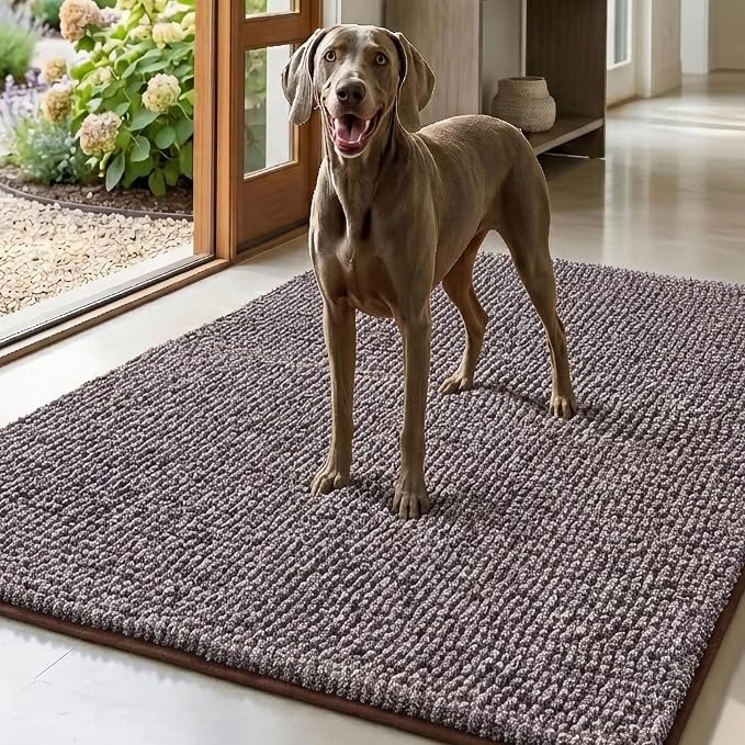 EHEYCIGA Super Absorbent Dog Door Mat for Muddy Paws 60x36 Inch Indoor, Front Doormat Outside Entrance, Quick Dry Chenille Washable Dog Crate Bed, Non-Slip Pet Rug Mud Mat Outdoor Entryway, Brown