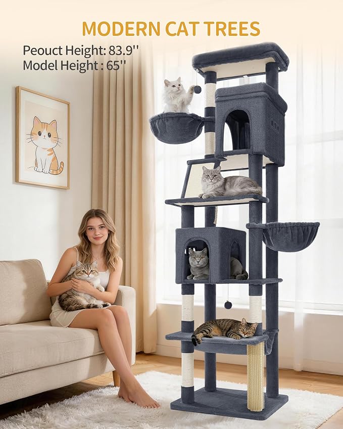 Hzuaneri Tall Cat Tree 84 Inch, Indoor Large Multi-Level Cat Tower | Cat Condo Furniture with 5 Scratching Post, 2 Hanging Basket, 2 Condo, 2 Large Platform, Pet Play House, Dark Grey MS21318SG