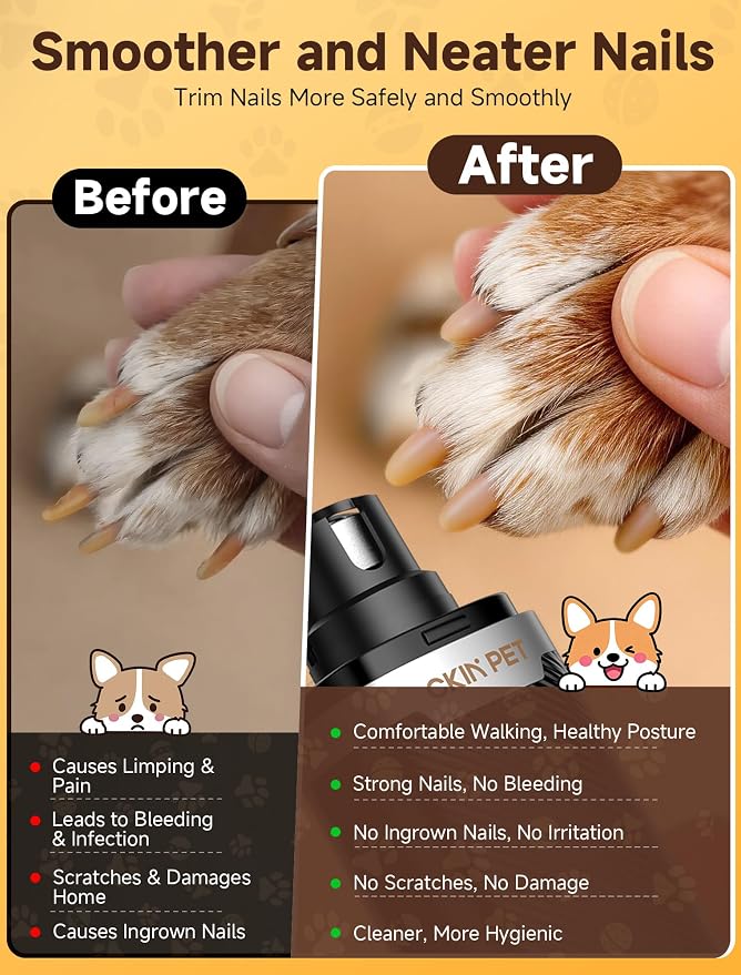 Dog Nail Grinder, Quiet Electric Dog Nail Trimmer with 2 LED Lights, 3-Speed Pet Nail Grinder for Dogs & Cats, Rechargeable 2000mAh Nail Grinder for Small Medium Large Dogs with Light, Black