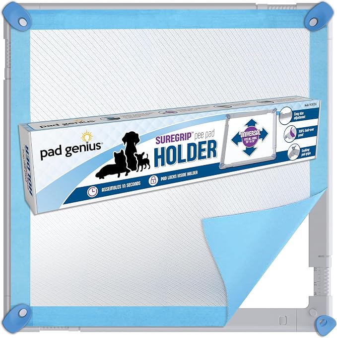 Patented SureGrip Pee Pad Holder - Fits All Common Pad Sizes, 100% of Urine Stays on Pad, Built-in Pad Grips Secure Pad to Holder, Holder Can Secure to Floor, No Sliding or Folding