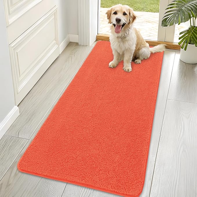 OLANLY Dog Door Mat for Muddy Paws 70x35, Super Absorbent Chenille Mud Mat | Coral, Absorbs Moisture and Dirt, Non-Slip Machine Washable Doormat, Quick-Drying Indoor Entryway Floor Carpet for Dogs
