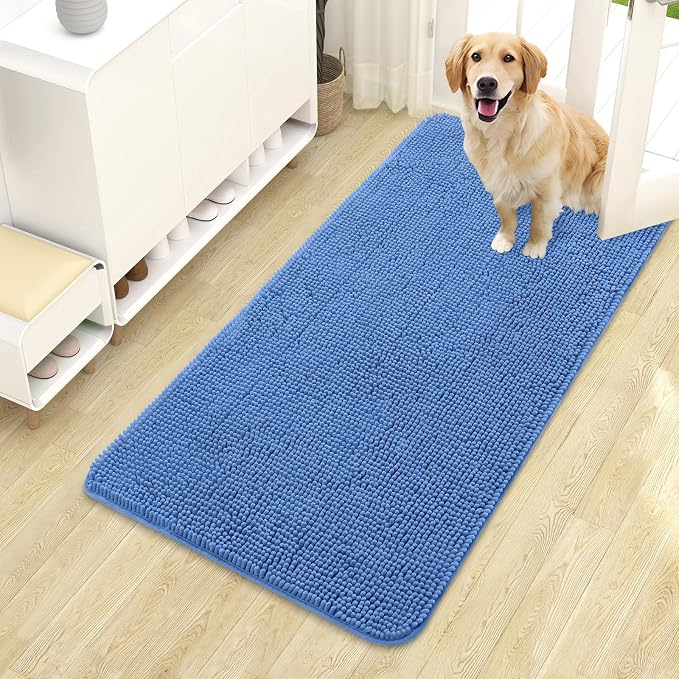 OLANLY Dog Door Mat for Muddy Paws 44x24, Super Absorbent Chenille Mud Mat | Cornflower Blue, Absorbs Moisture and Dirt, Non-Slip Machine Washable Doormat, Quick-Drying Indoor Entryway Carpet for Dogs