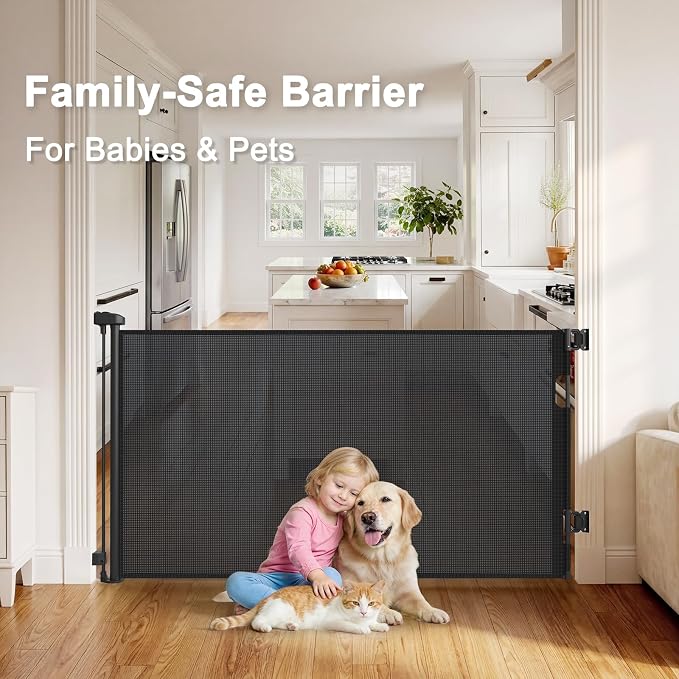 Retractable Baby Gates for Doorways & Stairs, Mesh Retractable Dog Gate for Indoor&Outdoor Use, 33" Tall Expands Up to 60" Width, No Bottom Bar Child Safety Gates for Stairs, Doorways, Hallways, Decks