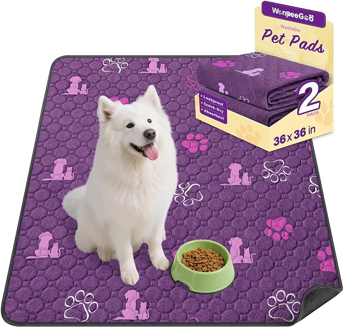 WanpeeGoo Washable Pee Pads for Dogs, Waterproof, 36 x 36 in, 2 Pack, Purp | Super Absorbent, Waterproof and Non-Slip; Washable, Reusable Dog Pads for Crates, Playpens, Floors, Furniture and Travel