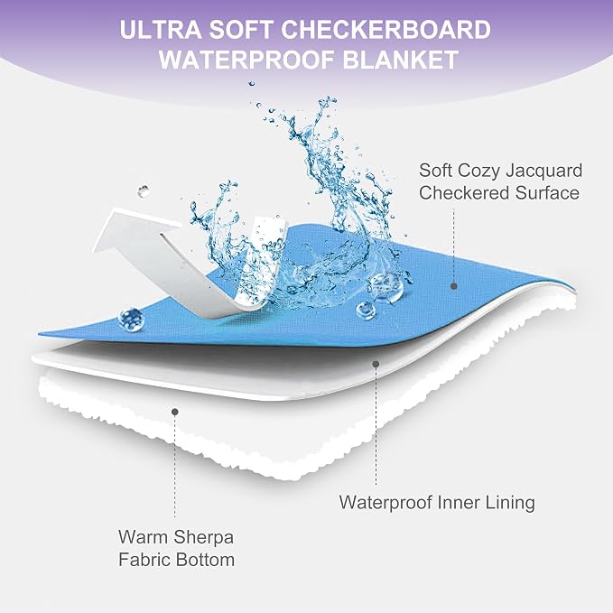 Checkered Waterproof Blanket for Bed Couch Sofa Car, Fluffy Soft Dog Blanket with 3D Jacquard Grid Pattern, Reversible Leakproof Pet Blankets for Dogs Cats Puppies, Dusty Purple, 50"x60"