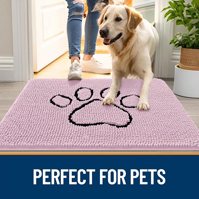 OLANLY Dog Door Mat for Muddy Paws 30x20, Paw Print Design Chenille Mud Mat | Dusty Rose, Absorbent, Traps Moisture and Dirt, Non-Slip Washable Doormat, Quick-Drying Indoor Entryway Floor Carpet for Dogs