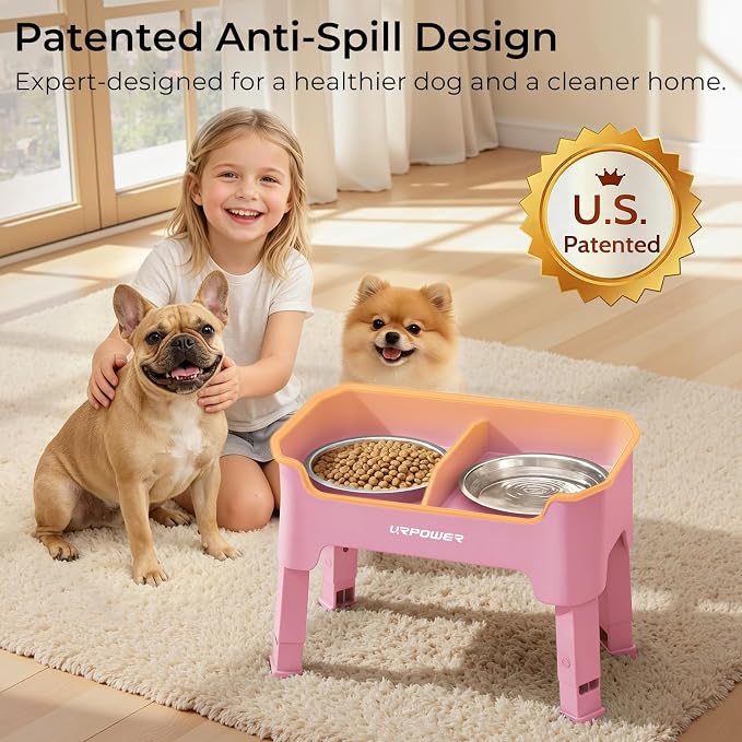 URPOWER Mess Proof Elevated Dog Bowls 4 Height Adjustable Raised Bowl Stand with 2 Stainless Steel Dog Bowls Non-Slip Food and Water Bowl Set for Small Dogs, Pink