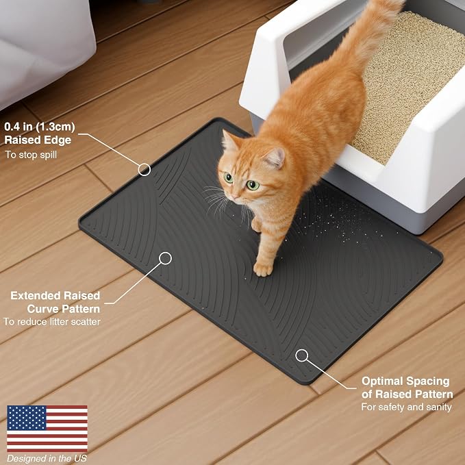 Cat Litter Box Mat - SM Small Medium Size 24 x 17 in, Water Proof, Kitty Litter Trapping Mat, Easy to Clean, Scatter Control, Odorless, Pet Supplies for Indoor Cats, Dark Gray