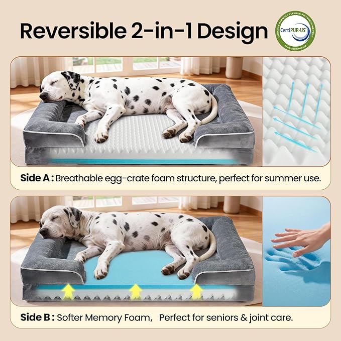 OhGeni Orthopedic Dog Bed Couch Big Cat Sofa for Jumbo Sized Pets with Memory Foam, Machine-Washable Waterproof Removable Cover, Soft Comfortable Fabric, 52-inch (Gray)