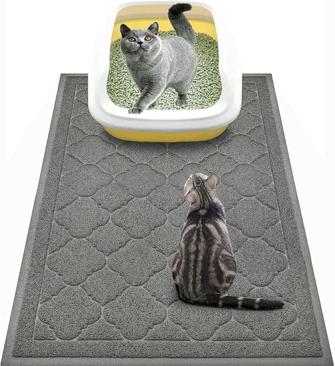 Cat Litter Box Mat, Kitty Premium PVC Pad, Durable Trapping Rug, Phthalate Free, Urine-Resistant, Scatter Control, L 35 x 23 Inch, Grey