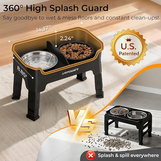 URPOWER Mess Proof Elevated Dog Bowls, High Wall Splash Guard Design, 4 Height Adjustable Raised Bowl Stand with Stainless Steel Bowl & Slow Feeder Bowl, Non-Slip Food Water Set for Small Dogs