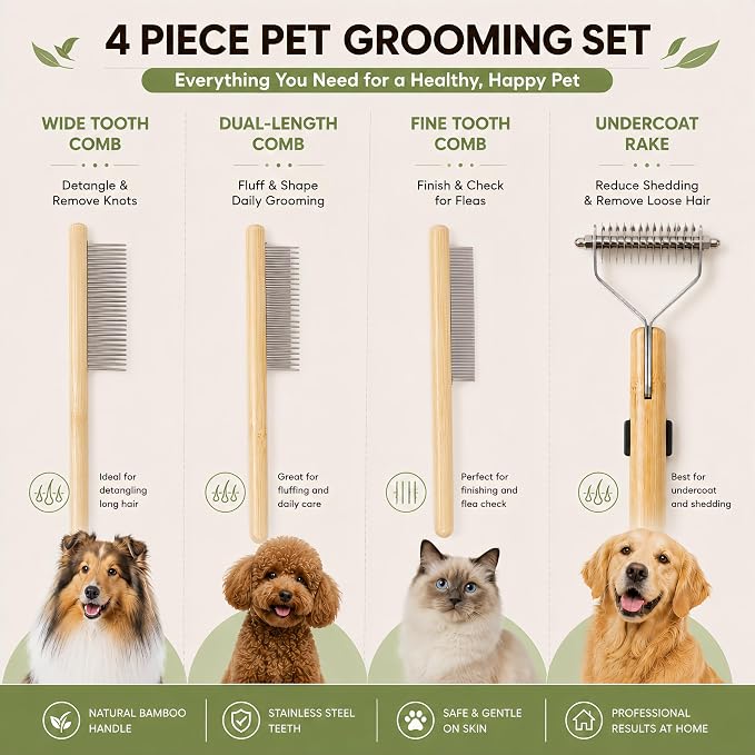 Cat Undercoat Rake and Dematting Comb, 4-in-1 Bamboo Grooming Kit for Long Haired Indoor Cats, Detangling Deshedding Brush for Matted Fur, Shedding Tool for Dogs