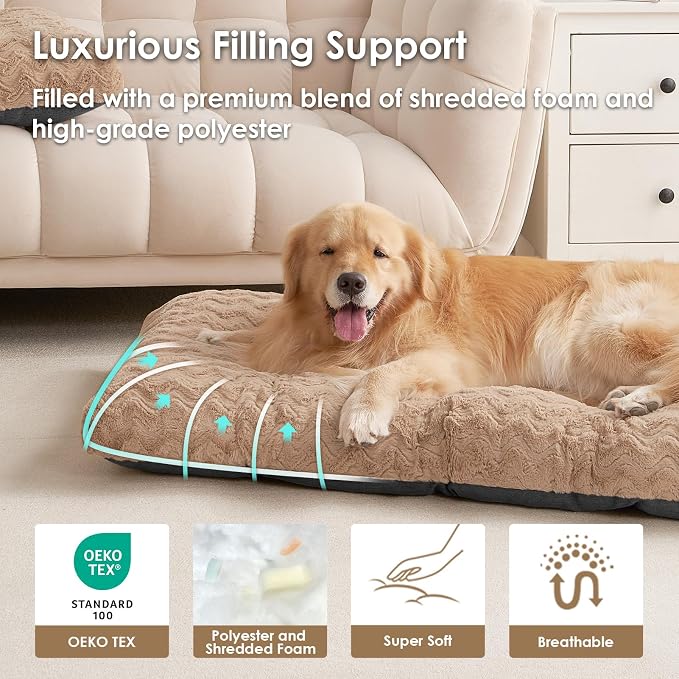 EHEYCIGA Washable Dog Bed for Crate 44x32 Inch, Anti-Slip XL Plus Kennel Pad for Extra Large Dogs Up to 85 lbs, Plush and Comfy Pet Sleeping Mat, Camel